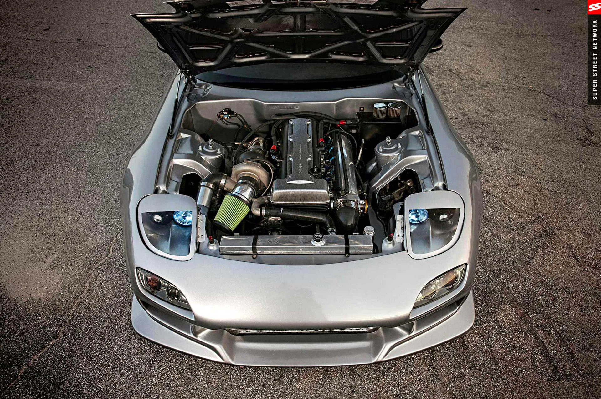 Engine swapped into a sports car engine bay