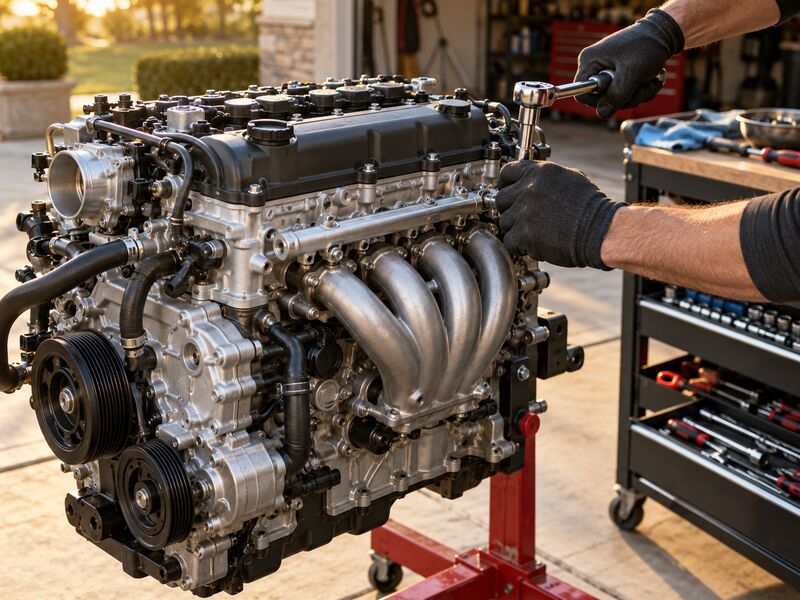 Rebuilt engine on an engine stand being prepared for installation