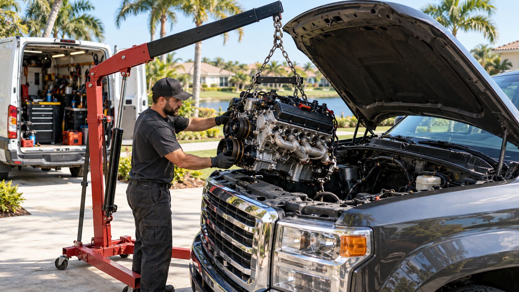 Mobile mechanic lowering an engine into a pickup truck with an engine hoist