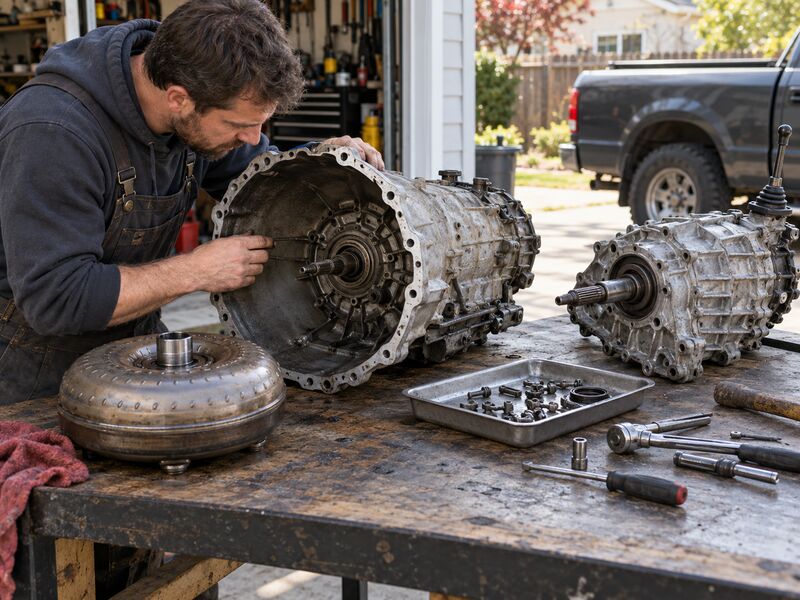 Removed automatic transmission and torque converter on a workbench
